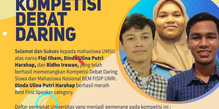 Mahasiswa UMSU Raih Juara 1 dan Best Speaker Kompetisi Debat Daring Siswa dan Mahasiswa Nasional BEM FISIP UNRI